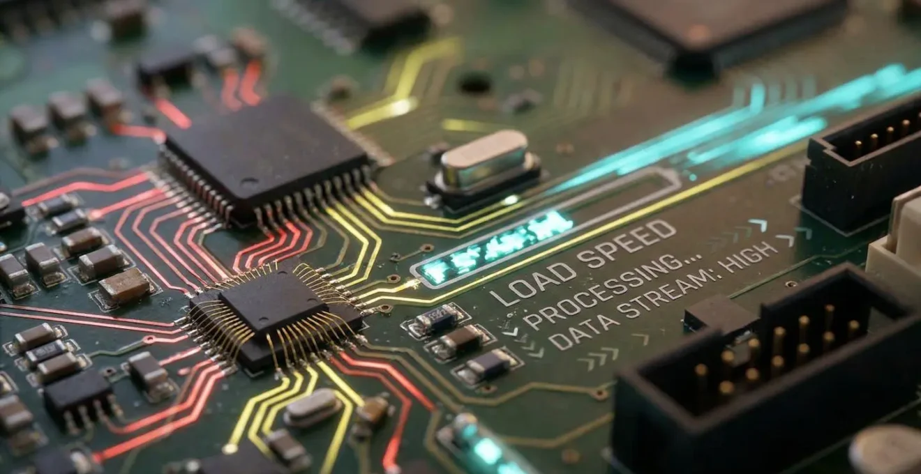 Macro détaillée de composants électroniques représentant la vitesse de chargement web