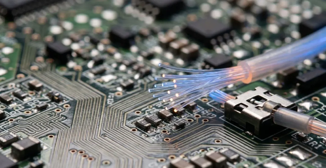 Vue macro de circuits électroniques et fibres optiques symbolisant la protection des flux de données