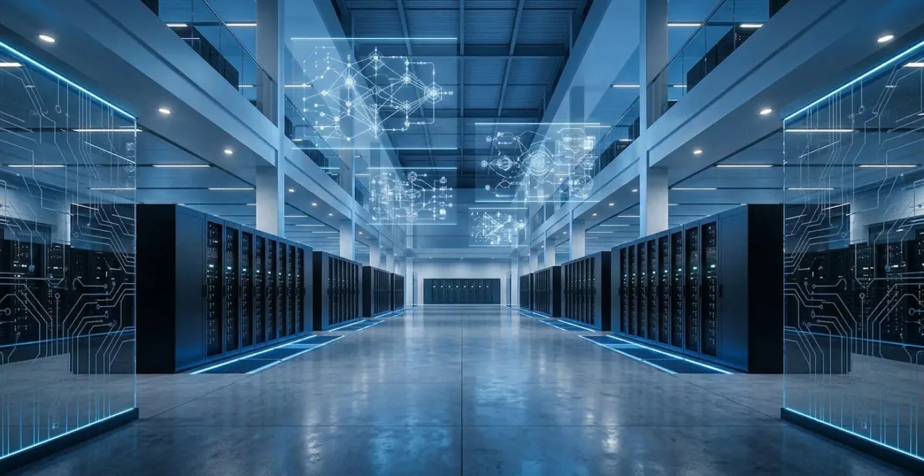 Représentation abstraite d'un système de gestion de données avec des flux interconnectés et des nœuds de traitement