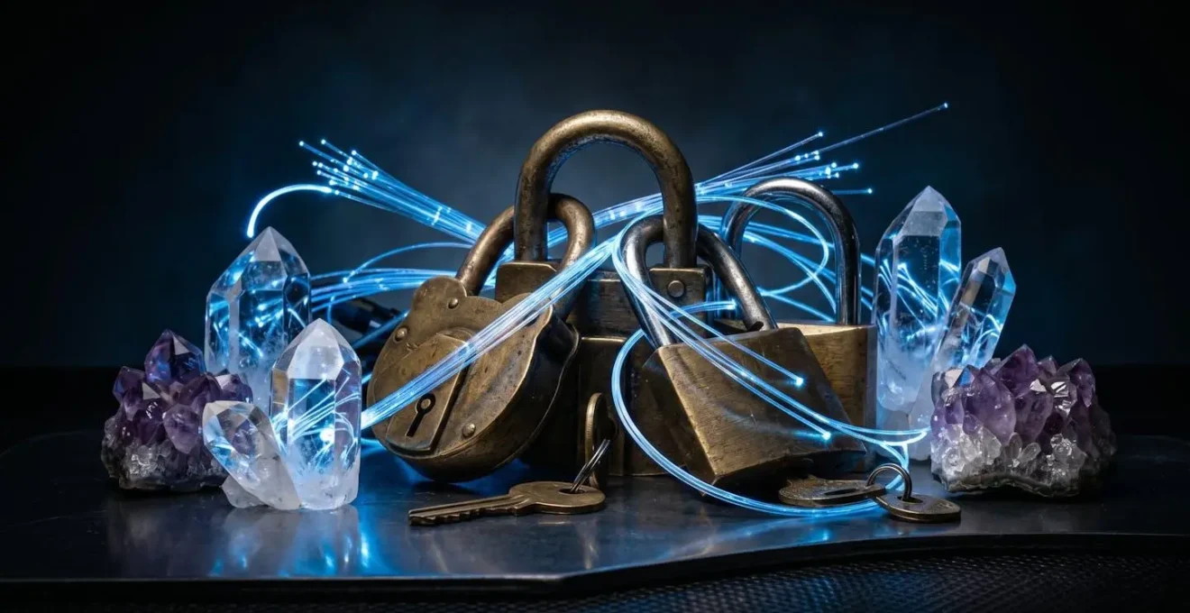 Composition symbolique représentant la protection et le chiffrement des données dans un contexte d'automatisation d'entreprise