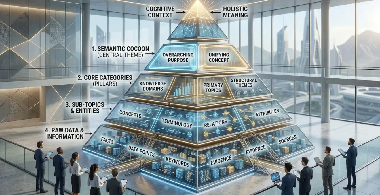 Architecture en pyramide montrant la structure hiérarchique d'un cocon sémantique