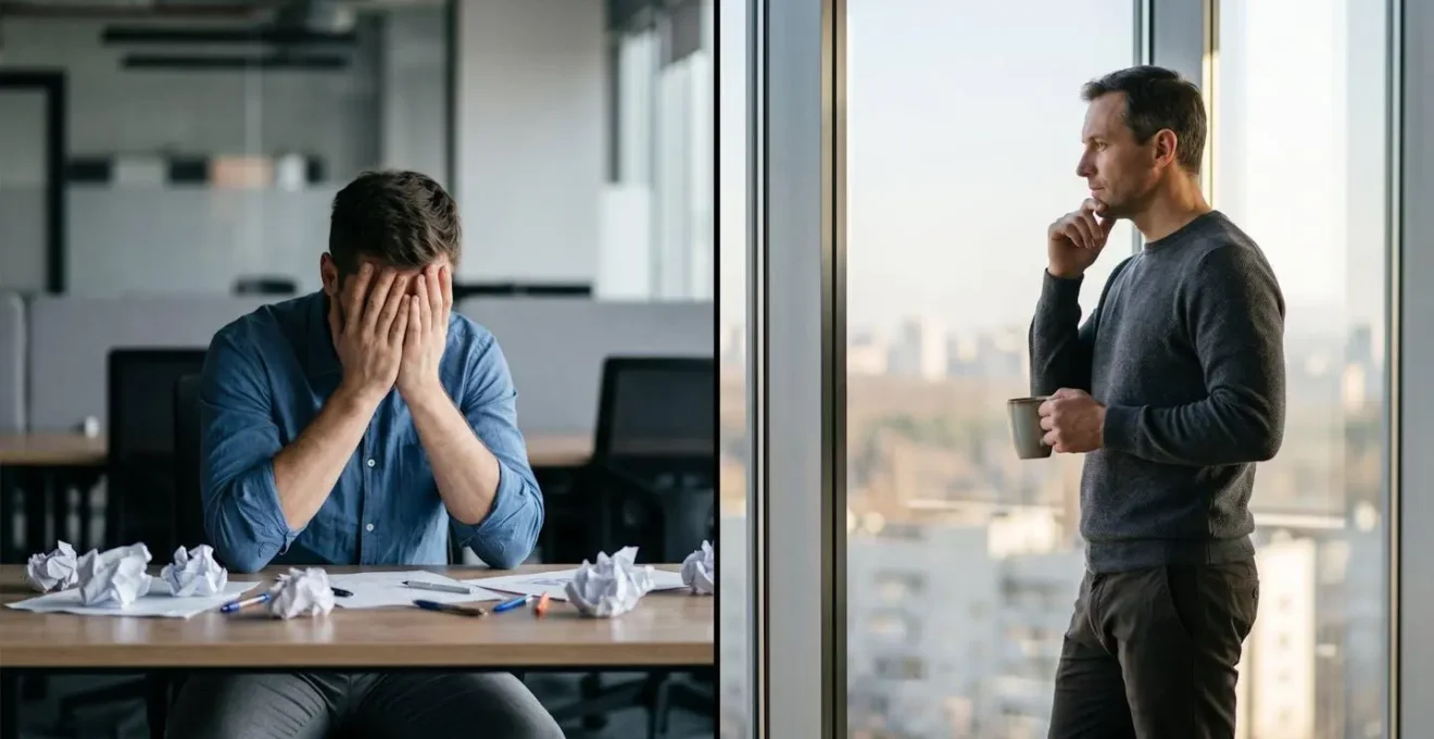 Comparaison visuelle montrant à gauche un employé frustré par le travail manuel sur Excel et à droite un professionnel détendu pensant à la stratégie grâce à l'automatisation.