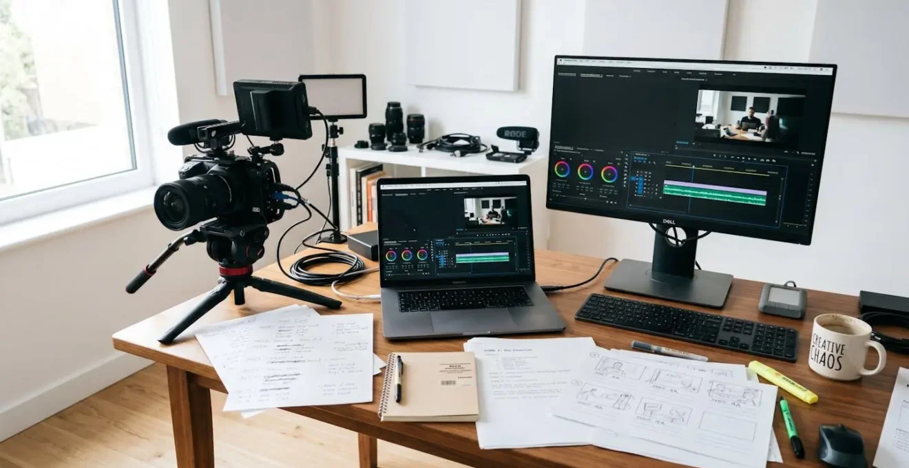 Environnement de création multimédia minimaliste avec équipement vidéo et documents éparpillés