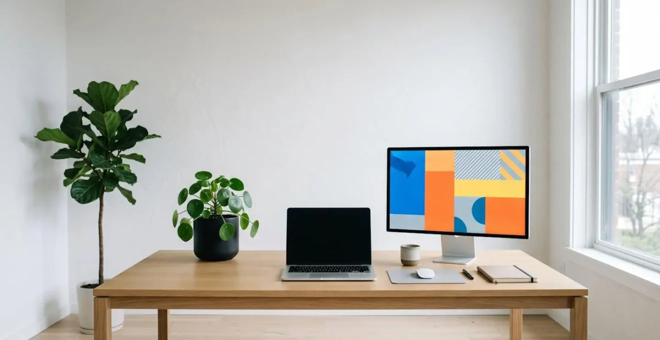 Vue d'ensemble d'un espace de travail moderne avec écran affichant des formes géométriques abstraites