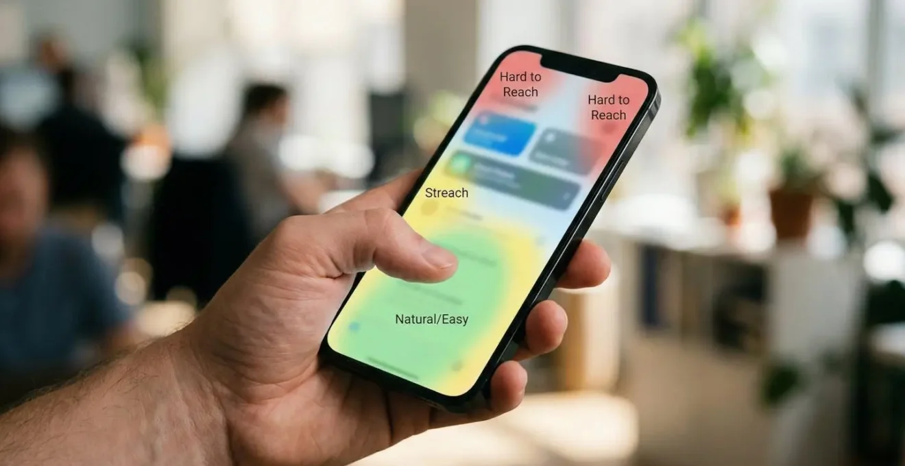 Main tenant un smartphone avec zones colorées montrant l'accessibilité du pouce pour optimiser le placement des CTA.